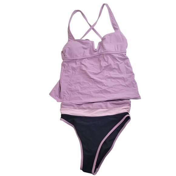 Salt & Cove Women Two Piece Lilac & Black Tankini Swimsuit Set Size S - Picture 1 of 14
